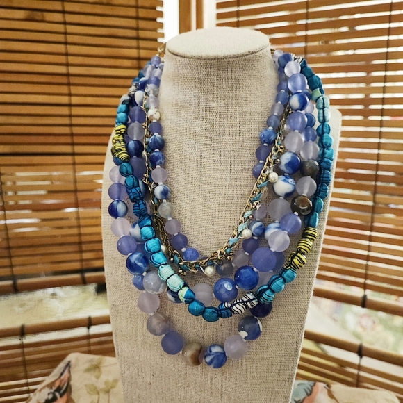 5 Strand Blue Acrylic Bauble Stone Rhinestone & Fabric Beaded Unsigned Necklace - Picture 10 of 12